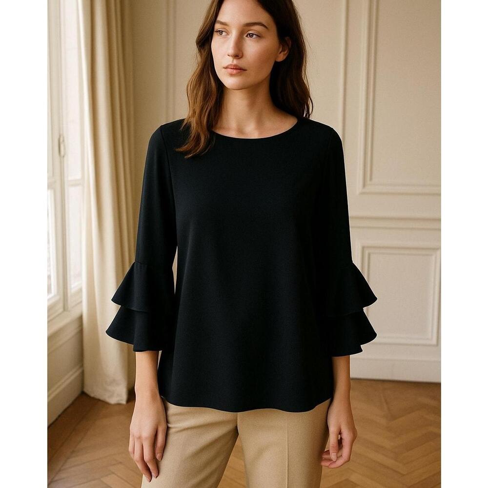 J Crew Lana Ruffled Black Crepe 3/4 Tiered Bell-Sleeve Top Sz 6